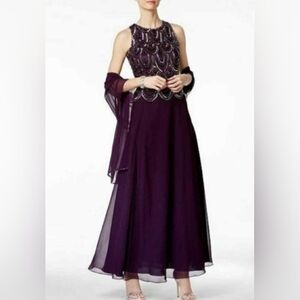 J Kara NWT Dress Plum Formal Gown Beaded Sleeveless Flowing Maxi Size 8P